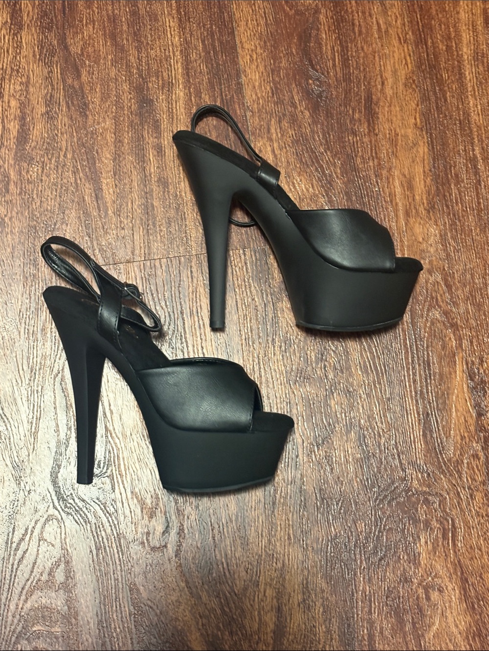 Pleasers Matte 6” Black Platform Peep-Toe High Heels with Ankle Strap - Picture 2 of 5